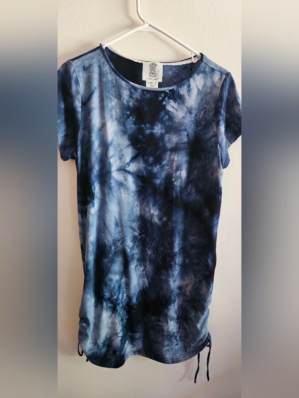 Tie-Dye Short Sleeve Crew Neck Mini  Dress - Navy Blue.